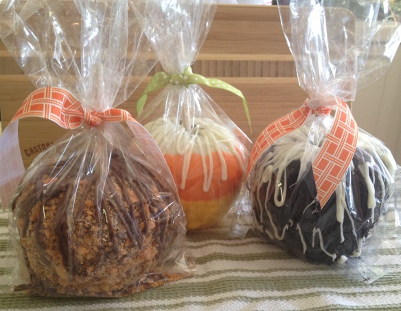 Here sit my first three caramel apples. Butterfinger, Candy Corn and Oreo